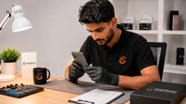GlobeMarket technician checking a refurbished phone before it is listed for sale.