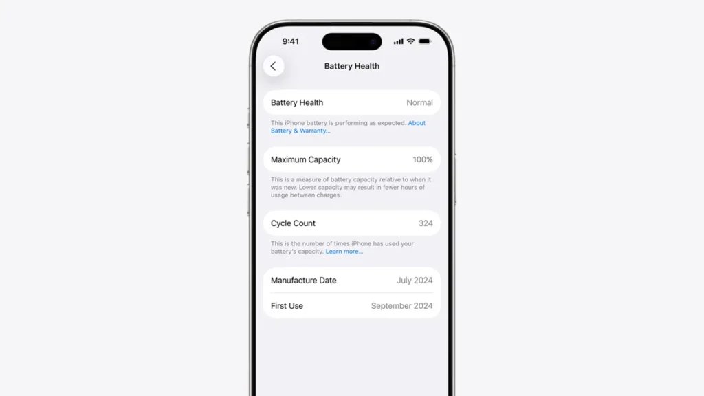 iPhone Battery Health screen showing where to find maximum capacity in Settings.