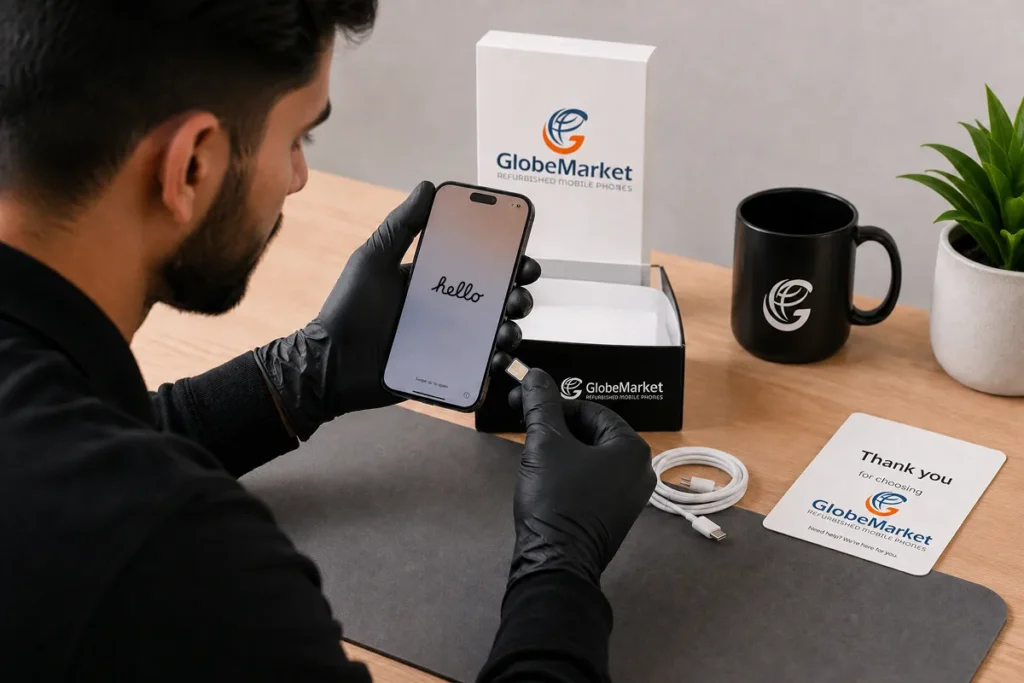 A refurbished phone being checked with its charging cable and SIM on the day it arrives.