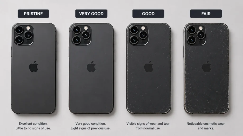 Four refurbished iPhones side by side showing Pristine, Very Good, Good and Fair cosmetic wear.