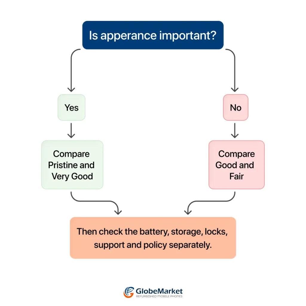 Decision flow for choosing a refurbished phone grade based on whether appearance matters to you.