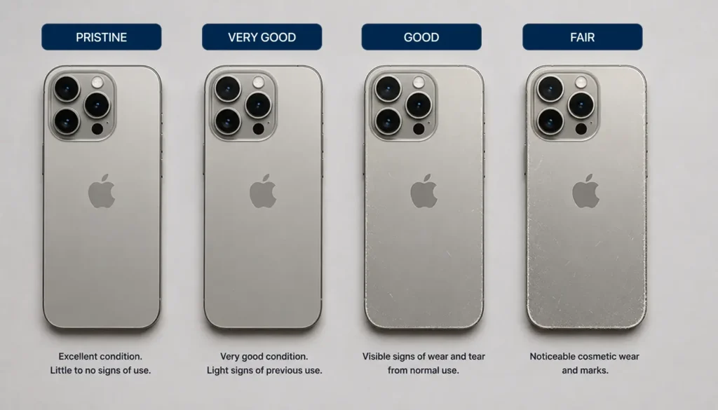 The same refurbished phone model shown in Pristine, Very Good, Good and Fair cosmetic grades.