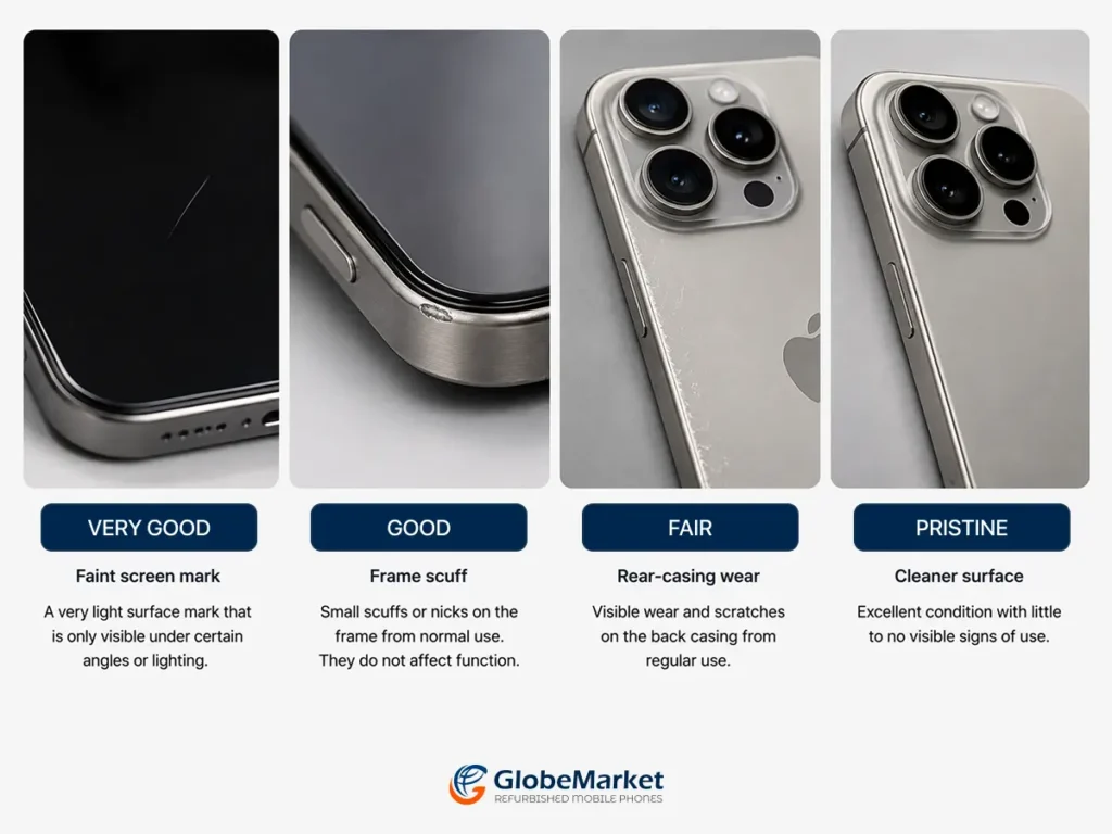 Close-up examples of cosmetic wear: a faint screen mark, a frame scuff, rear-casing scratches and a clean Pristine surface.