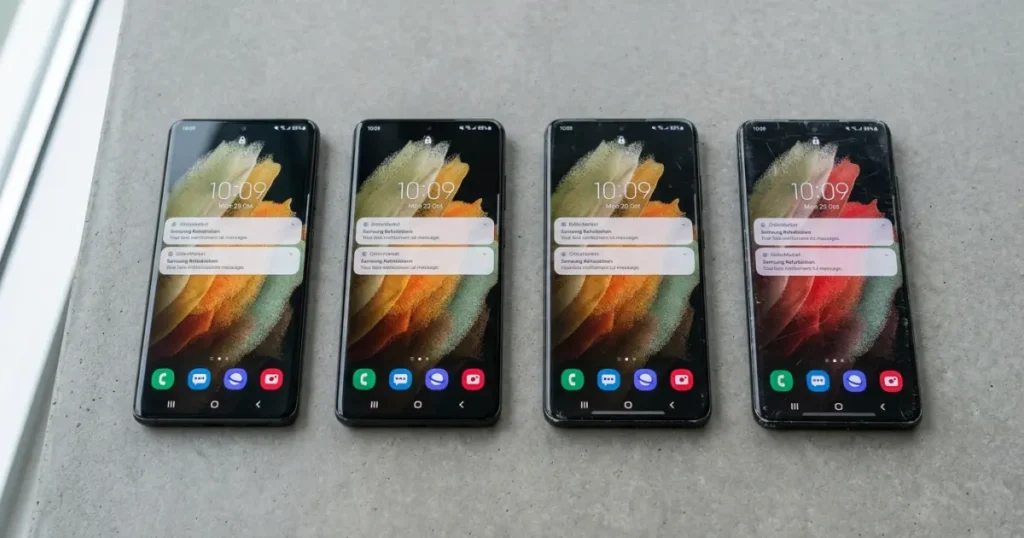 Four refurbished phones showing the difference between Pristine, Very Good, Good and Fair condition.