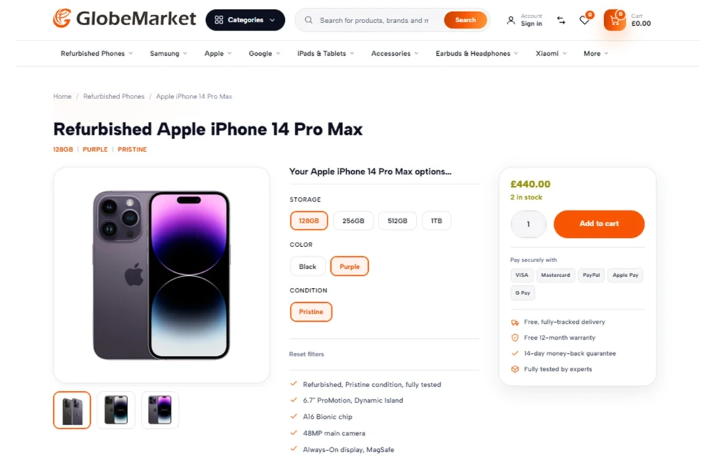 GlobeMarket product page showing the storage, colour and condition options for a refurbished iPhone 14 Pro Max.